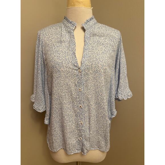 Maeve x Anthropologie Aveiro Flutter-Sleeved Buttondown Blue Motif Sz Medium - Picture 2 of 9